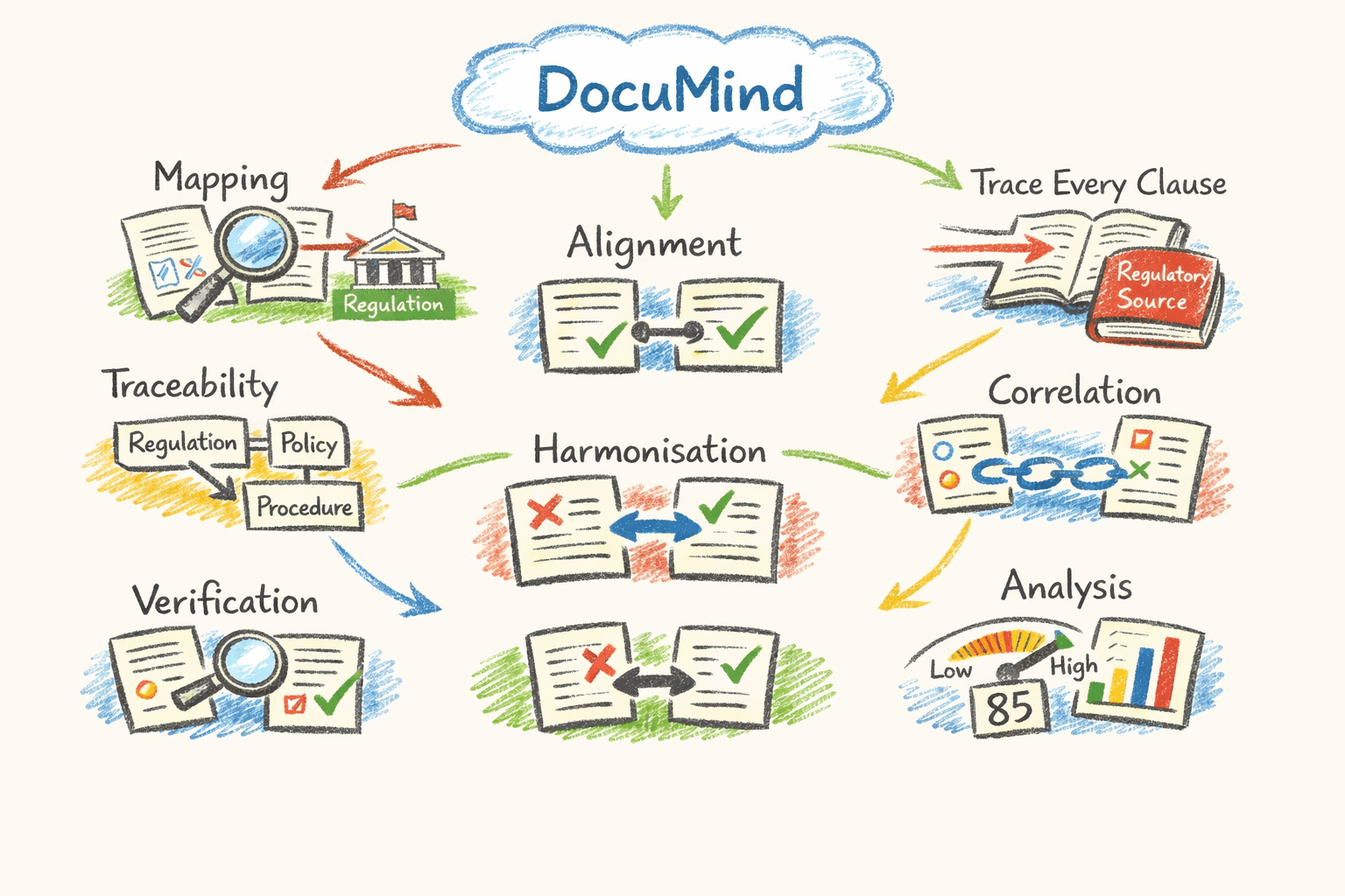 DoxMinds powers overview showing Mapping, Alignment, Traceability, Correlation, Harmonisation, Verification, and Analysis capabilities