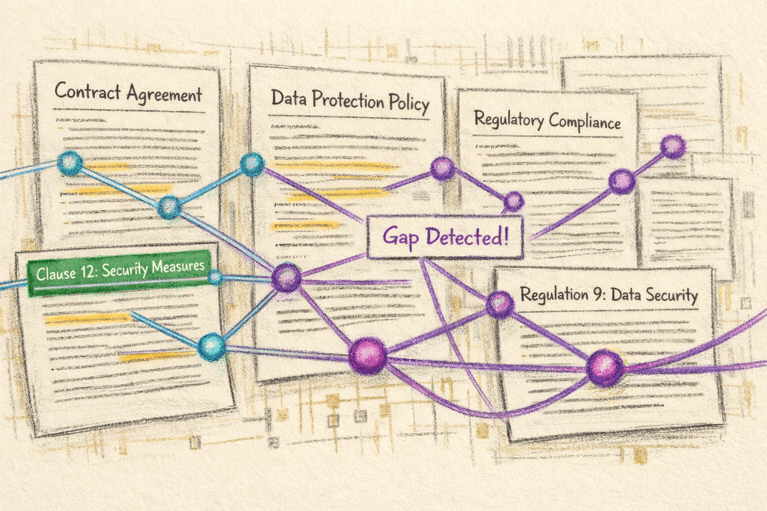 DoxMinds cross-reference visualization showing documents connected with clause-to-regulation mapping and gap detection