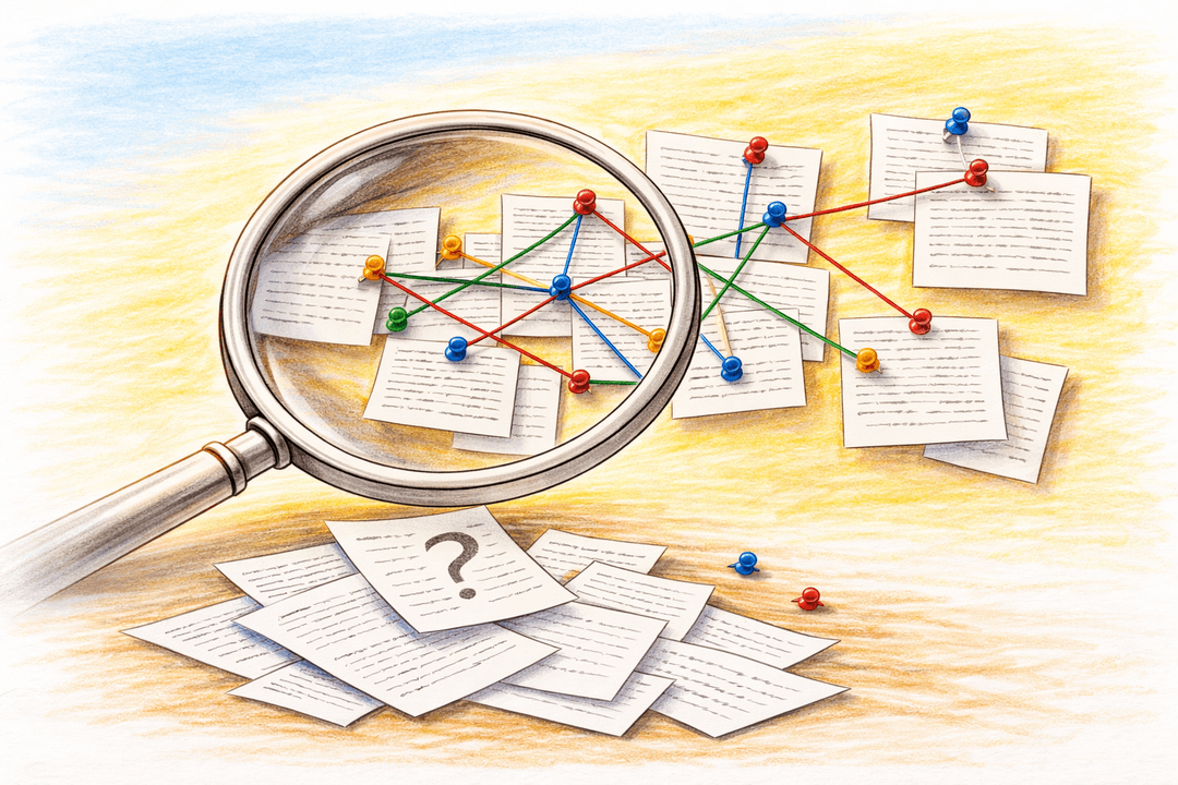 Magnifying glass revealing connected documents with cross-referenced clauses and regulatory mappings