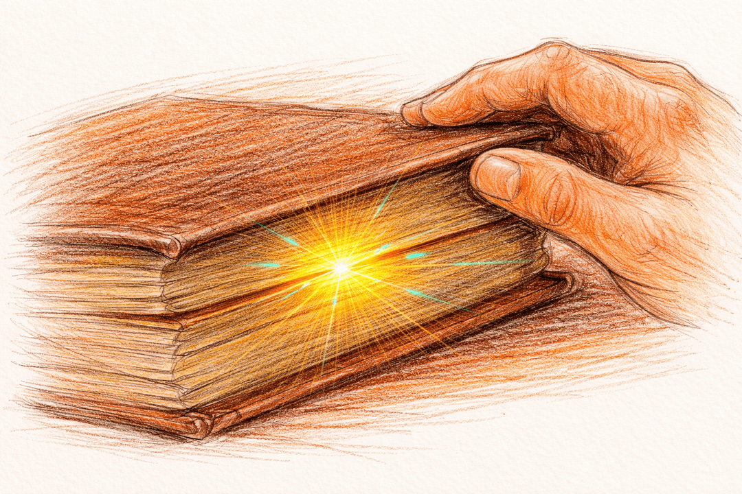 Hand opening a book revealing hidden intelligence glowing between the pages